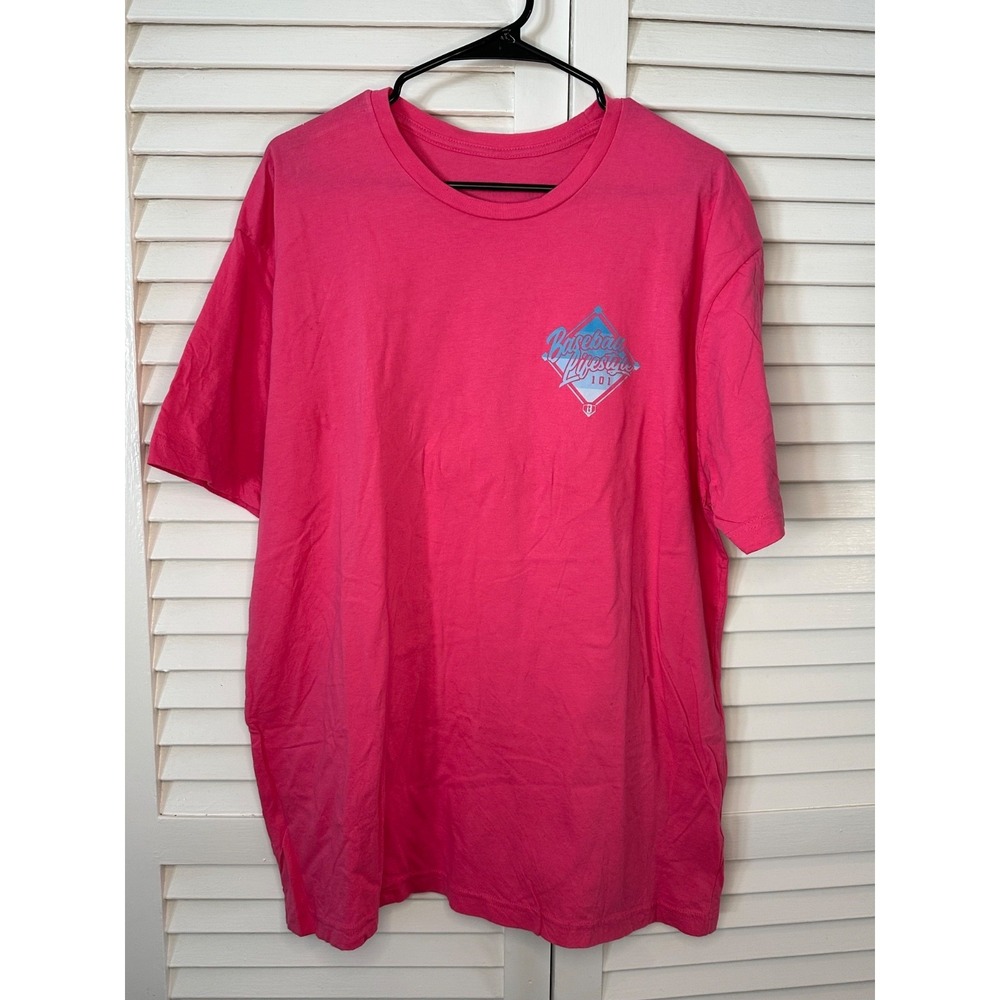 Baseball Lifestyle 101 Men's Size XL Pink Shirt Blue Logo Short Sleeve T-Shirt